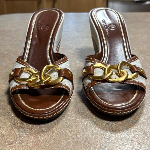 Worn 1X Cole Haan Kina Wedge Sandals Natural Linen Gold Accent Slides Size 8 B - Picture 4 of 16